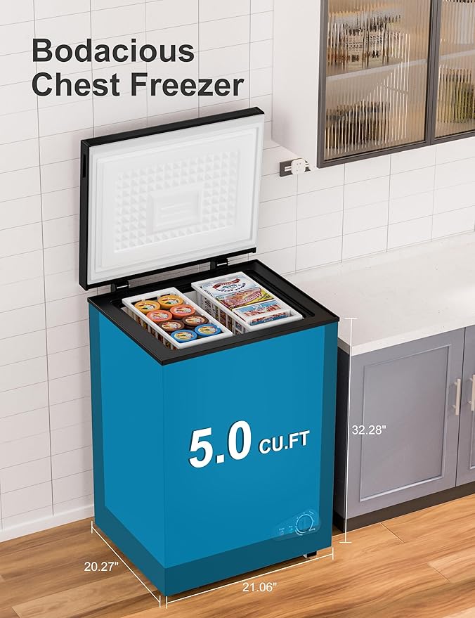 5.0 Cu.Ft Chest Deep Freezer with 2 Removable Baskets, Energy Efficient (0.41kWh/24H), <40dB Ultra-Quiet, 6 Temp Control, Manual Defrost, Free Standing Top Open Door for Home Garage Basement, Black