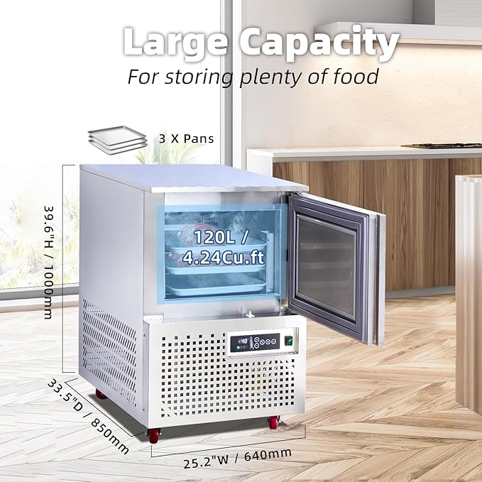 Commercial Blast Chiller 3 Trays, Shock Freezing Blast Chiller & Freezer Heavy Duty, Flash Freezer for Ice Cream, Seafood, Desserts, Meat-Lowest Temperature -40°C