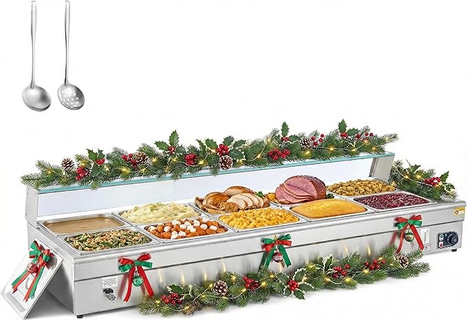 WILPREP 10-Pan Commercial Food Warmer with Sneeze Guard, Ten 1/2 Pans, 1500W Countertop Electric Warmer, 86-185°F Adjustable Temp Control, Stainless Steel Buffet Bain Marie