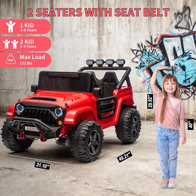 Kids 24V 2-Seater Electric Ride On Car, 4x4 Ride On Truck w/Remote Control, 4-Wheeler Suspension, 3 Speeds, Led Lights, Bluetooth, Ride on Car Toy for Kids Ages 3-8, Red