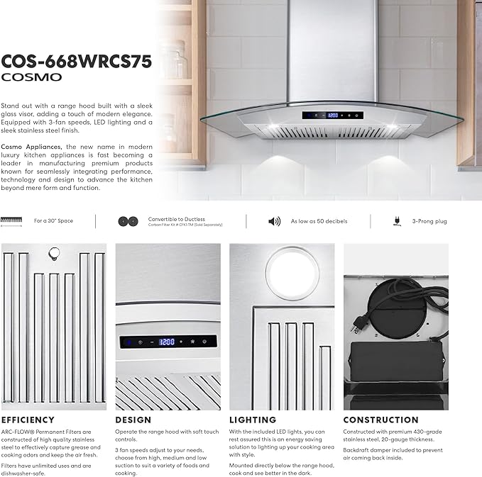 COSMO COS-668WRCS75 30 in. Vista Collection 380 CFM Ducted Wall Mount Range Hood, Touch Controls, LED Lights, Stainless Steel