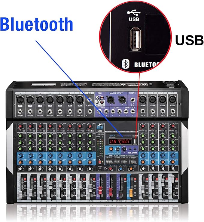 Boytone 12 Channel Bluetooth Studio Audio Mixer - DJ Sound Controller, USB MP3 Player, PC Recording, 96 KHZ, 11 Microphone Jack, 48V Phantom Power, 24BIT Digital Effect, Metal chassis, unpowered