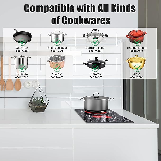 Karinear Portable Electric Cooktop 2 Burners, 110v Plug in Electric Stove Top, Countertop Use or Built-in Install, 12'' Ceramic Cooktop with Beautiful Marble Patterned
