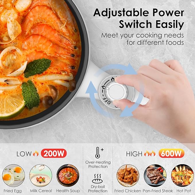 Audecook Hot Pot Electric, 1.7L Mini Electric Skillet Portable Nonstick Sauté Pan with Power Adjustment, Ramen Cooker Travel Multicooker for Steak/Soup/Egg/Oatmeal/Noodles (Tongs for Cooking Included)