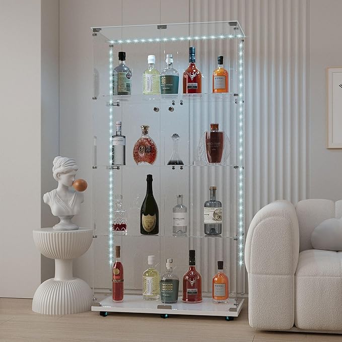 Yoluckea 4 Tiers Glass Display Cabinet with Bluetooth LED Light Strip, 2 Doors Floor Standing Curio Cabinet with Universal Wheel for Home Office Display,White Glass Bookshelf for Collections,Clear Top