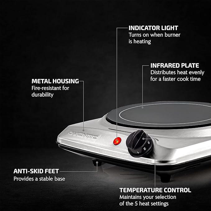 OVENTE Countertop Infrared Single Burner, 1000W Electric Hot Plate with 7” Ceramic Glass Cooktop, 5 Level Temperature Setting & Easy to Clean Base, Compact Stove for Home Dorm Office, Silver BGI101S