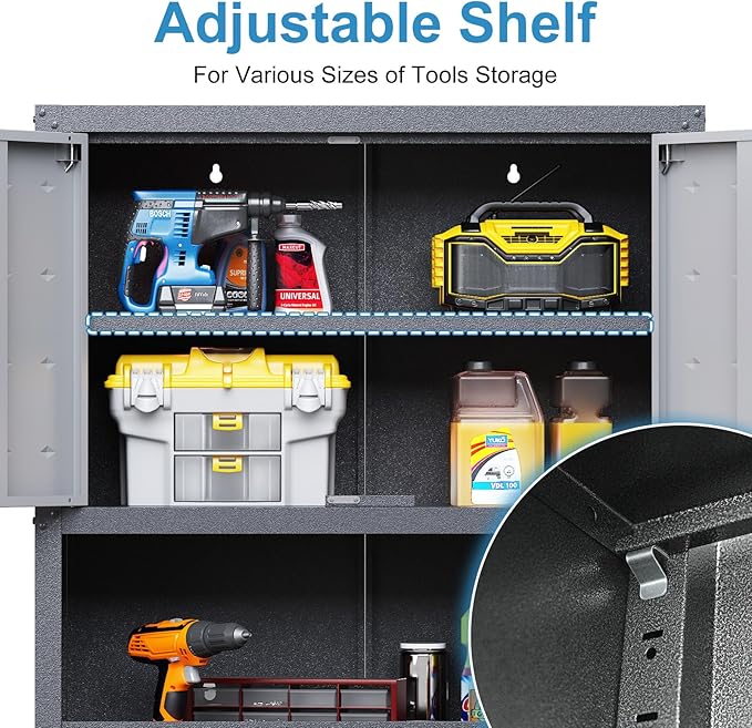 Garage Cabinet Wall Mounted with Doors and Opening Drawer, Heavy Duty Metal Garage Wall Cabinets Hanging Cabinets with Lock Tool Cabinet for Kitchen Warehouse, Assembly Required