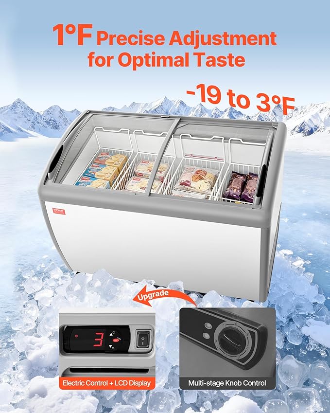 VEVOR Commercial Ice Cream Display Case, 12.8 Cu.ft Chest Freezer, -19 to 3℉ Temp Adjustable Mobile Top Deep Freezer with 4 Wire Baskets, 2 Sliding Glass Doors, Locking Casters & LED Strip Lighting