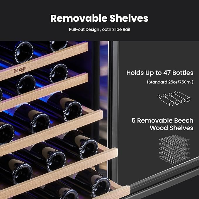 Yeego Wine Fridge Cooler - 24 Inch Wine Fridge Hold 52 Bottles, 40-65°F Wine Refrigerator Glass Door, Built in Fridge, Freestanding Adjustable Shelves Fridge for Beer Soda Drink Home Bar Office