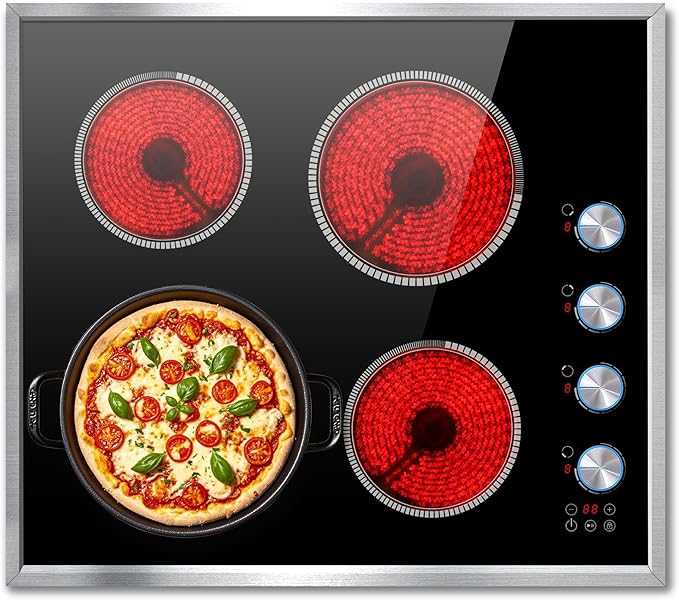 4 Burner Electric Cooktop, 24 Inch Electric Stove 6000W, 220V-240V Built-in Ceramic Stovetop with Knob Control, Child Lock, Timer Control, Residual Heat Indicator, Hard Wire(No Plug)