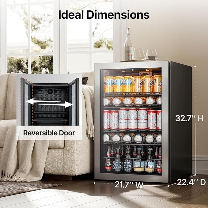 Ca'Lefort 155 Cans Beverage Cooler Mini Fridge, Beverage Refrigerator with Reversible Glass Door, Adjustable Shelves for Soda, Beer & Wine, Digital Temperature Control for Home, Office, Bar or Dorm