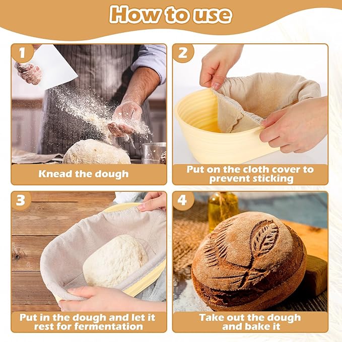 Nuogo 4 Pack Oval Bread Proofing Basket Silicone 10 Inch Collapsible Sourdough Bread Baking Supplies Dough Proofing Bowl with 4 Pcs Dough Scraper and 4 Pcs Basket Covers(Yellow)
