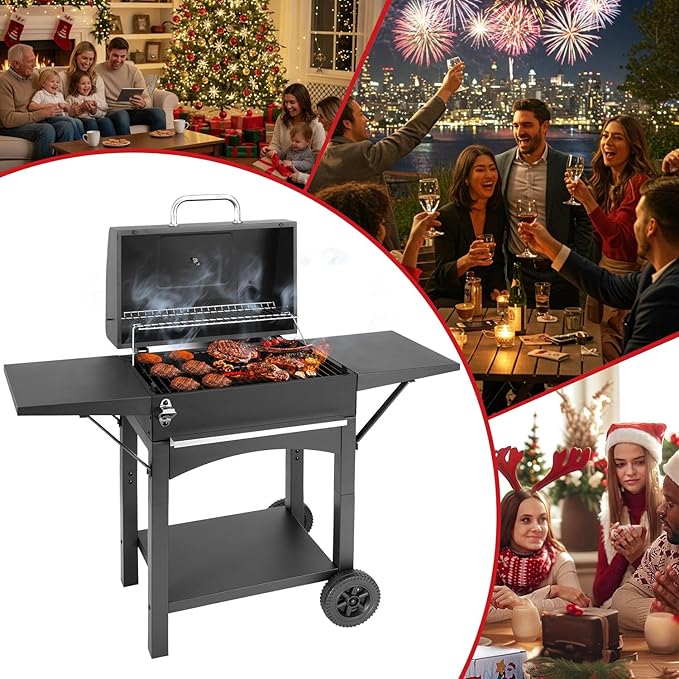 Charcoal Grill with Side Shelf, 353 Sq.Inch Cooking Area,Large Smoker Barbecue Grill with Warming Rack,Outdoor BBQ Grill with Charcoal Tray for Yard, Camping, Picnic