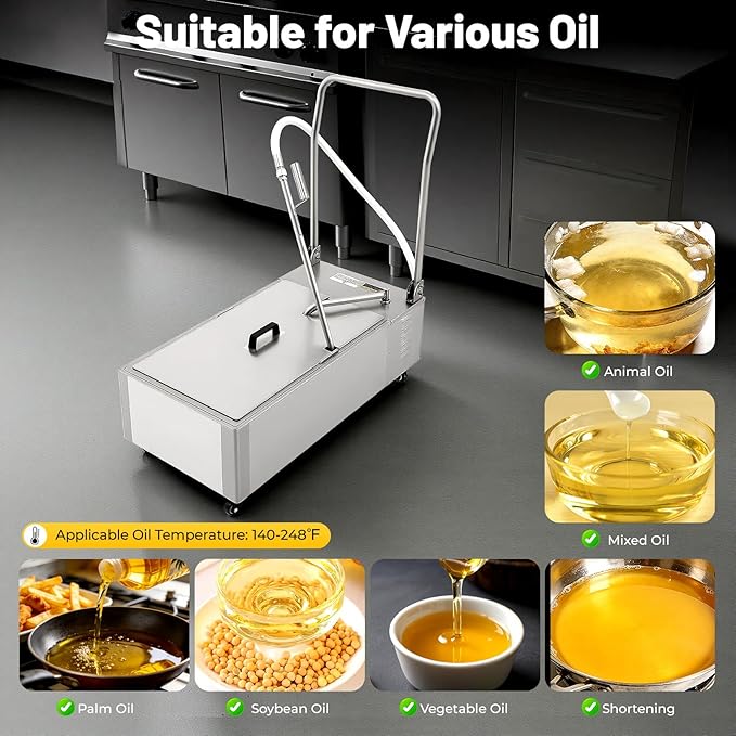 Mobile Fryer Filter Machine, 370W 110V 55L/14.5 Gal Commercial Oil Filler Cart Truck Separator Stainless Steel Cooking Oil Filtration System with 10L/2.64/Gal/min Pump for Supermarket Restaurant