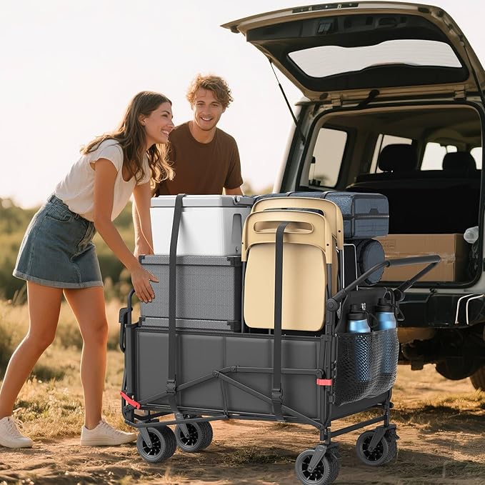 LEVELEVE Heavy Duty Folding Wagon - 2-in-1 Collapsible Cart, 650lb Capacity, All-Terrain Wheels w/Brakes & Side Pockets (Dark Gery)