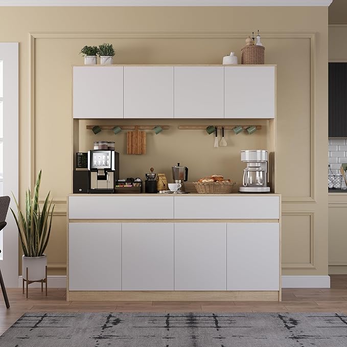 Kitchen Hutch Storage Cabinet, 63" W Large Pantry Cabinets with Microwave Oven Countertop, Freestanding Kitchen Pantry Storage Cabinet with 4 Doors, 2 Drawers and 7 Shelves, White + Walnut
