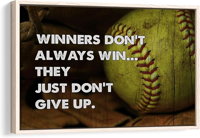 Softball Poster & Framed Canvas, Inspirational Sports - Never Give Up - Motivational Quotes Home Office Decor, Bedroom Living Room Aesthetic Wall Art Gift For Daughter, Girl