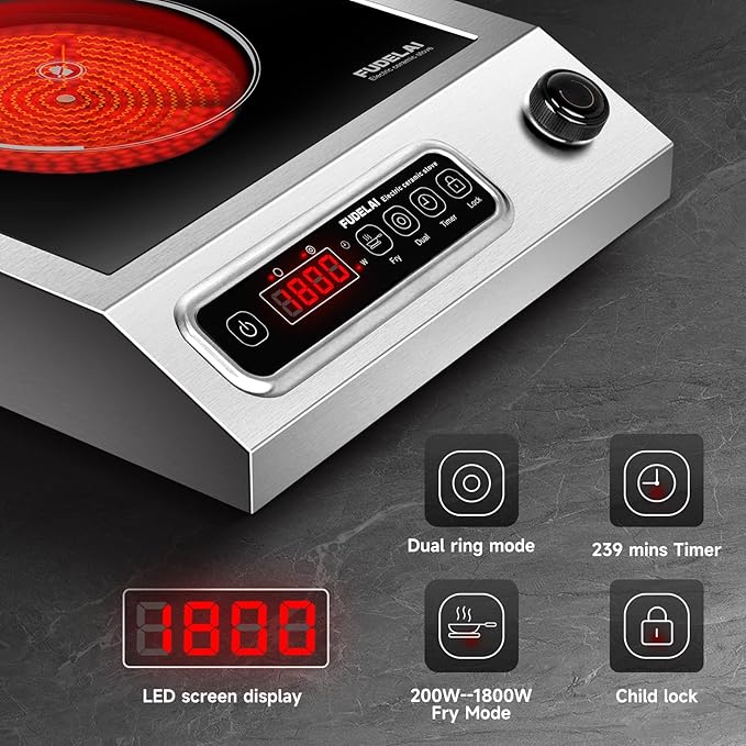 1800W Electric Hot Plate with Infrared Heating & 9 Power Levels - Commercial-Grade Electric Burner, Ceramic Cooktop with Timer, Child Safety Lock for Home Kitchen, Restaurants