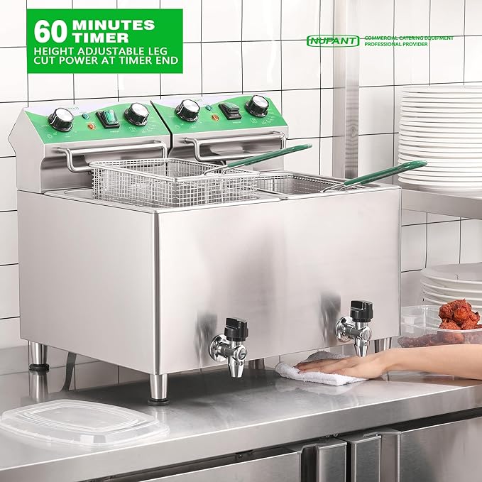 25.3QT/24L Commercial Deep Fryer with Oil Filtration and Timer Electric Deep Fryer with 2 Baskets and Lids Dual Tank Stainless Steel Large Countertop Fryer for Restaurant Use,110V 1750W x 2
