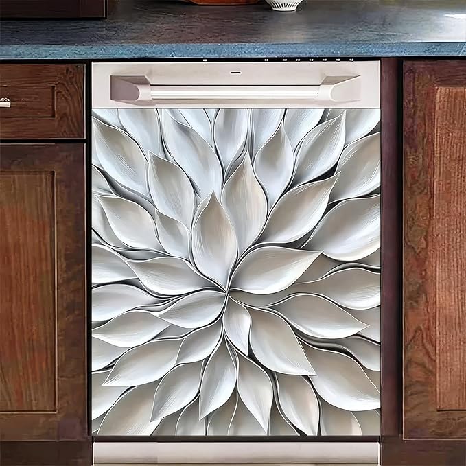 Flowers Dishwasher Magnet Cover 23x26 Inch Silver Petal Texture Magnetic Dishwasher Cover Washers Fridge Panel Decal Cover Washing Machine Cabinet Reusable Dishwasher Door Covers Decorative