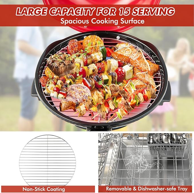 HAPPYGRILL 1600W Portable Electric Grill Outdoor BBQ Grill for 15-Serving, Electric Barbecue Grill for Indoor & Outdoor Use, Portable Stand BBQ Grill for Patio Balcony Kitchen Garden