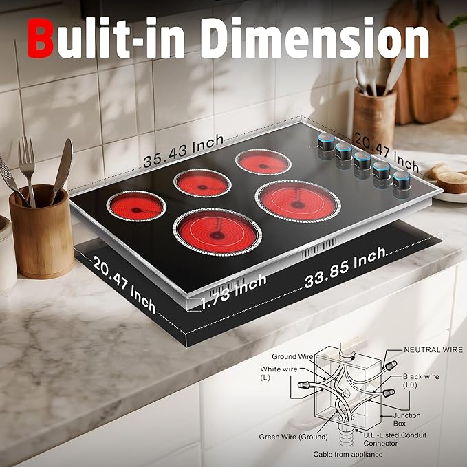 36 Inch Electric Cooktop, 5 Burner Electric Stove Top 8400W, 36" Ceramic Stove with Knob Control, Over-Temperature Protection, Dual Ring Zone, 220-240V Hard Wired (No Plug)