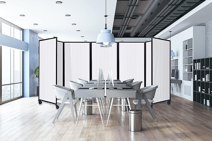 Versare Polycarbonate Room Divider 360 Portable Wall Partition | Freestanding Office Dividers | Locking Wheels | Privacy Screen Panels - 14' x 6' Light Gray Thermoplastic Polymer