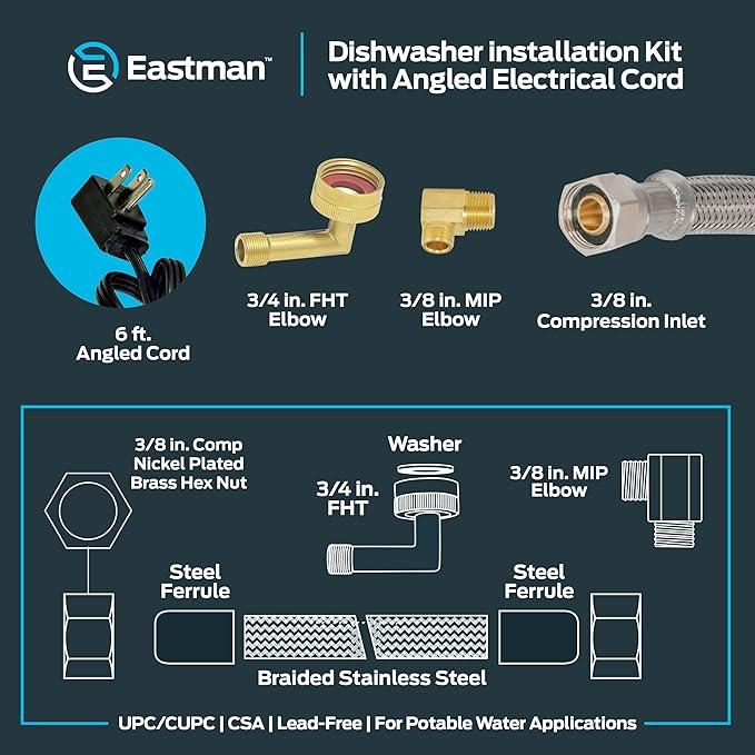 Eastman 6 Ft. Dishwasher Installation Kit, Braided Stainless Steel Supply Line with 3/8 Inch Compression Ends, 3-Prong Straight Power Cord, 41150