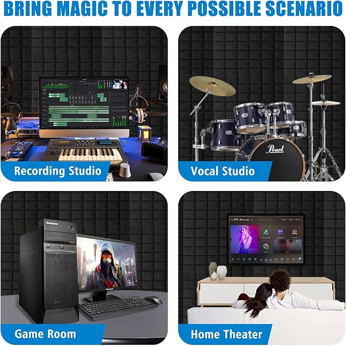 2 PCS Acoustic Panels,48''X24''X2'' Sound Proof Foam Panels for Walls,High Density Fire Resistant & Noise Absorbing for Studio, Office, Home (Black, 2 Pack)