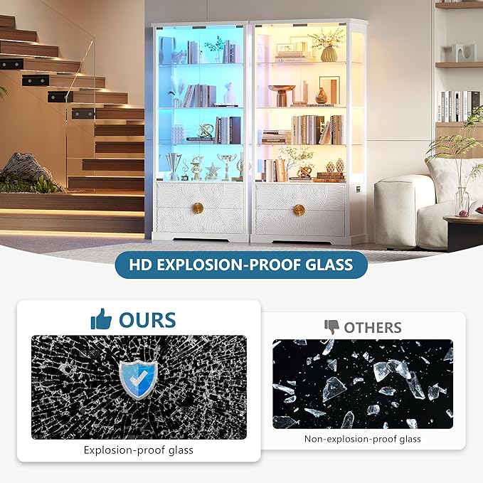 RGB Glass Display Cabinet with Door, 4-Tier Curio Cabinet with 2 Drawers and Adjustable Glass Height Showcase, Display Case with 3 LED Light and Human Body Sensor, White