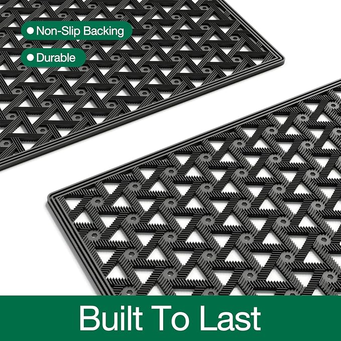 LUMI Outdoor Doormat 19x30, Front Door Mat Outside Entrance, Heavy Duty Rubber Welcome Exterior Door Mat Non Slip Waterproof, Outdoor Rubber Mats with Drainage Holes, Easy Clean Entryway Mats, Black