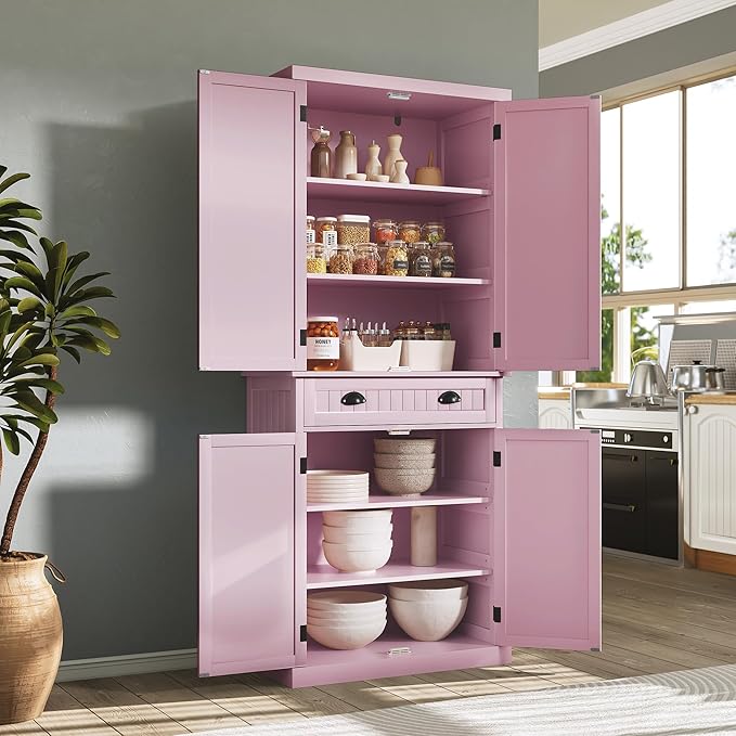 ARTPOWER 72" Tall Kitchen Pantry Storage Cabinet with Drawer and Adjustable Shelves, Pantry Cabinet for Kitchen, Bathroom or Hallway, Pink