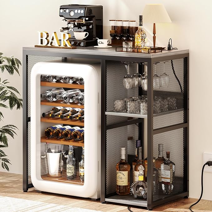Homieasy Mini Fridge Cabinet Stand with Power Outlet, Coffee Bar Cabinet with Mini Fridge Space, Bar Stand with Microwave Shelf with Wine Rack for Kitchen, Dorm,Light Oak