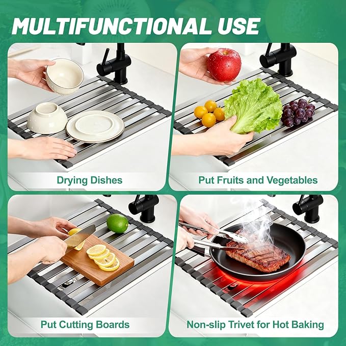 21.6" X 13" Roll Up Dish Drying Rack，Over The Sink Drying Rack 304 Stainless Steel Foldable Heat-Resistant Dishes Drainer for Kitchen and RV Sink Counter