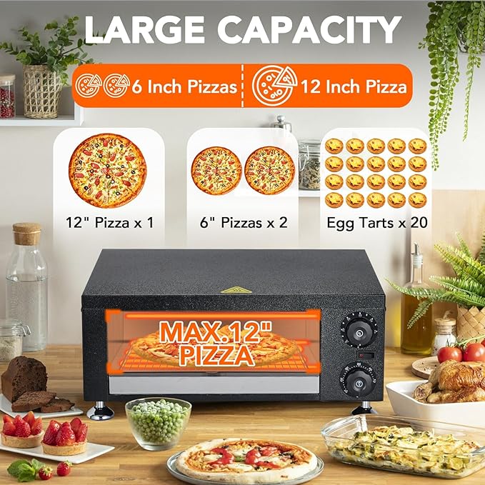Professional 12 Inch Countertop Pizza Oven Electric 1100W, with 60-Minute Timer, Stainless Steel Pizza Maker for Fast Baking, Perfect for Home Party, Outdoor BBQ, Commercial Food Service Catering