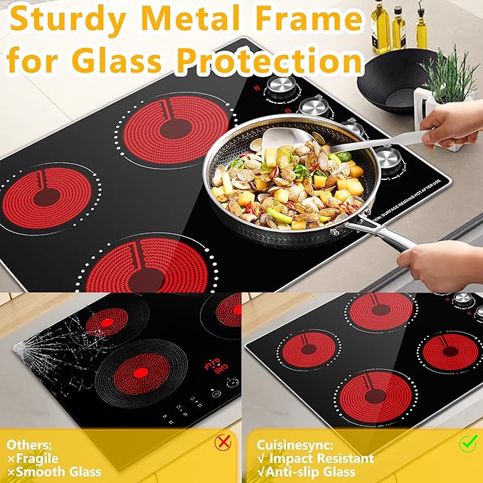 24 Inch Electric Cooktop, 4 Burner Ceramic Stove with 9 Power Levels, Knob Control, Auto shutdown and Residual Heat Warning, 6000W, 220-240V for Hard Wire