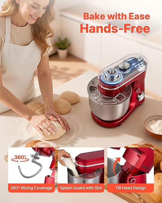 VEVOR Stand Mixer, 4.4 QT+6 QT Electric Kitchen Mixer, 300W Dough-Mixer, 10 Speeds Tilt-head Food-Mixer with Stainless Steel Bowls, Dough Hook, Whisk, Beater, for Baking, Mixing, Whipping & Kneading