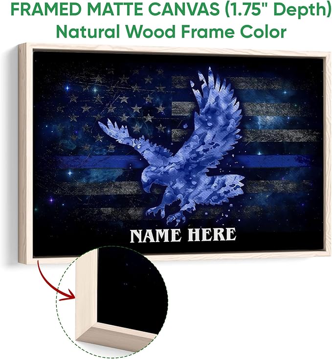Personalized Police Poster & Framed Canvas, Bald Eagle Drop Thin Blue Line Flag Home Office Decor, Custom Name Bedroom Living Room Aesthetic Wall Art Gift For Policeman, Law Enforcement