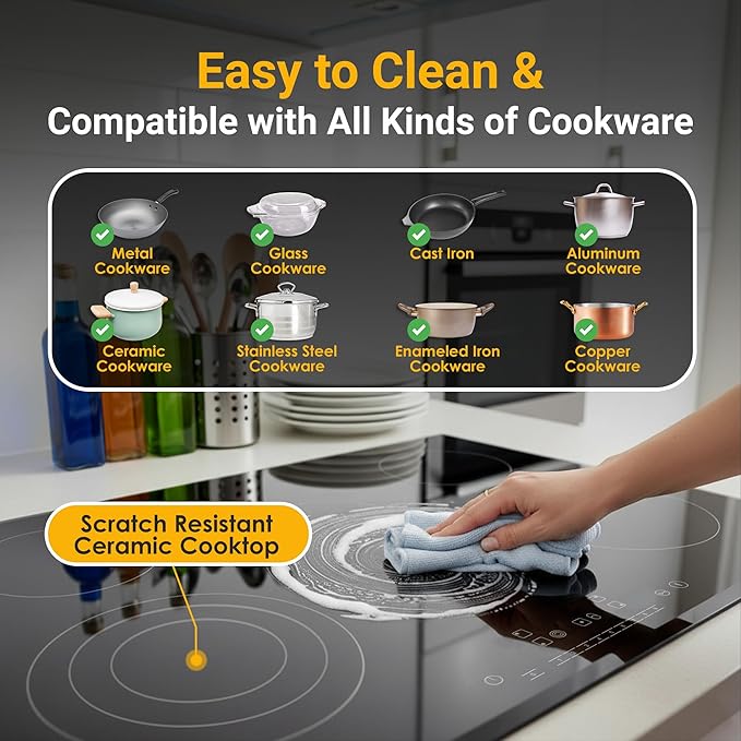 K&H 4 Burner Electric Cooktop - 24 Inch Built-In Radiant Ceramic Stove Top - 9 Power Levels & Touch Control, Compatible with All Cookware, 240V, 8600W High-Power Built-in Electric Stove, CE24-7206SL