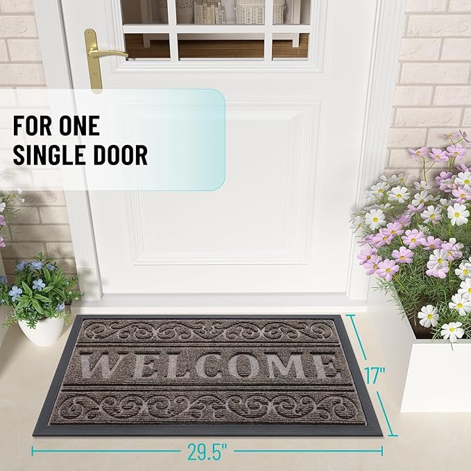 OLANLY Welcome Door Mat Indoor Outdoor Entrance, Heavy Duty Sturdy Front Door Mat, Waterproof All-Weather Doormat, Stain Resistant, Low Profile, Easy Clean Patio Entryway Mat, 59 x 35, Medium Brown
