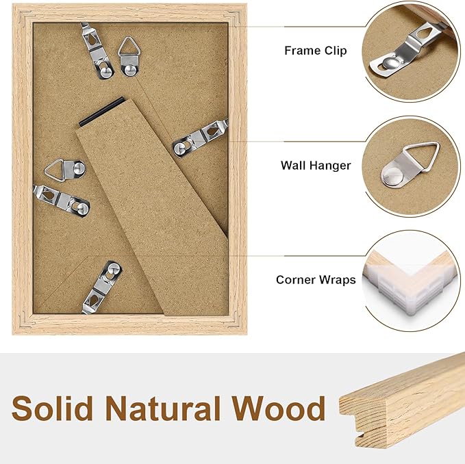 Vittanly 4x6 Picture Frame Set of 2, Solid Wood Frame for Wall or Tabletop, Display Photo 3.5x5 with Mat or 4x6 without Mat, Natural