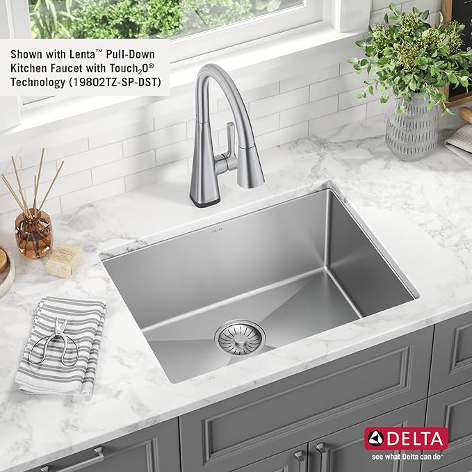 DELTA FAUCET Delta Lenta 24-inch Undermount 16 Gauge Stainless Steel Single Bowl Laundry Utility Kitchen Sink with Accessories, 953034-24SL-SS, Satin