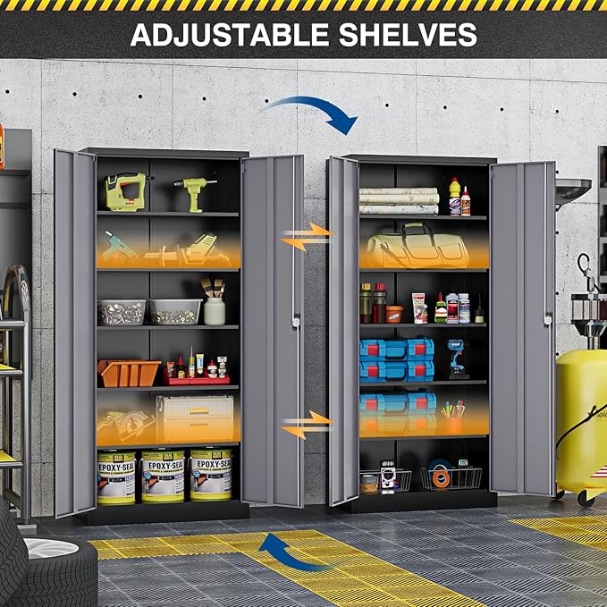 71” Tall Metal Storage Cabinet- Steel File Cabinets with Lockable Doors and Adjustable Shelves-Black&Gray Steel Storage Cabinet for Home,Kitchen, School, Office, Garage