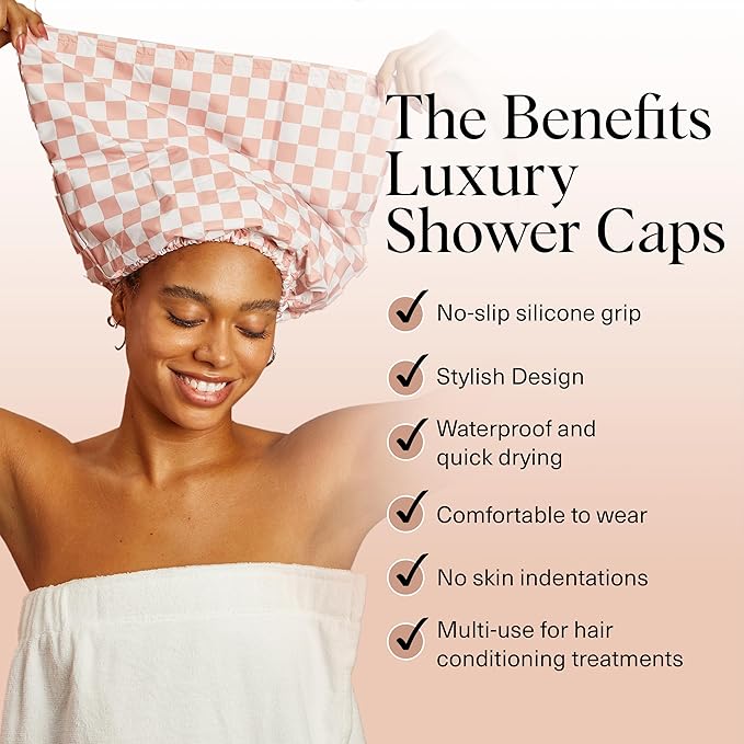 Kitsch Luxury Shower Caps for Women Reusable Waterproof - Flexi Satin Lined, Large Wide Shower Cap for Women & Men, Adjustable, Stylish Hair Cap for Shower, For Long & Short Hair - Terracotta Checker