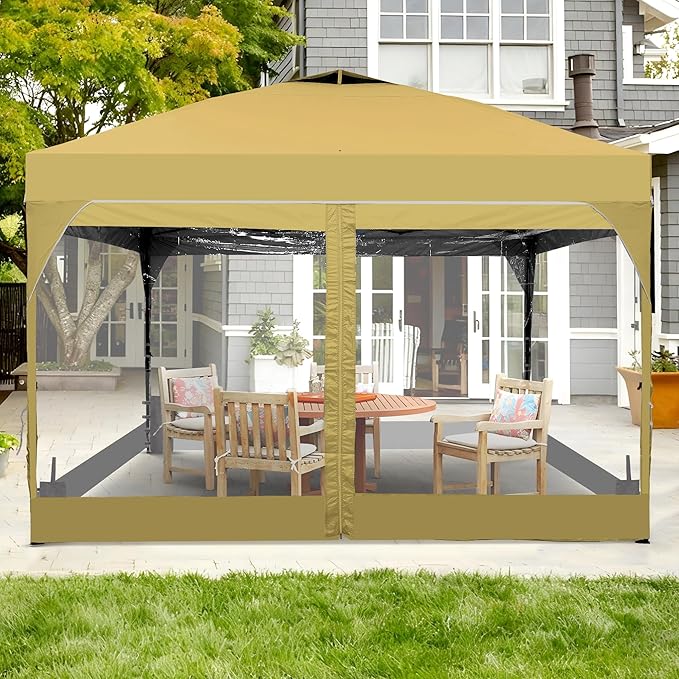 Saemoza 12x12 Pop Up Canopy Tent with One Push Setup, Outdoor Sun Shade Canopy for Backyard Party, Easy Up Instant Shelter with 4 PVC Transparent Sidewalls, 4-Sandbags & Wheel Bag, Khaki.
