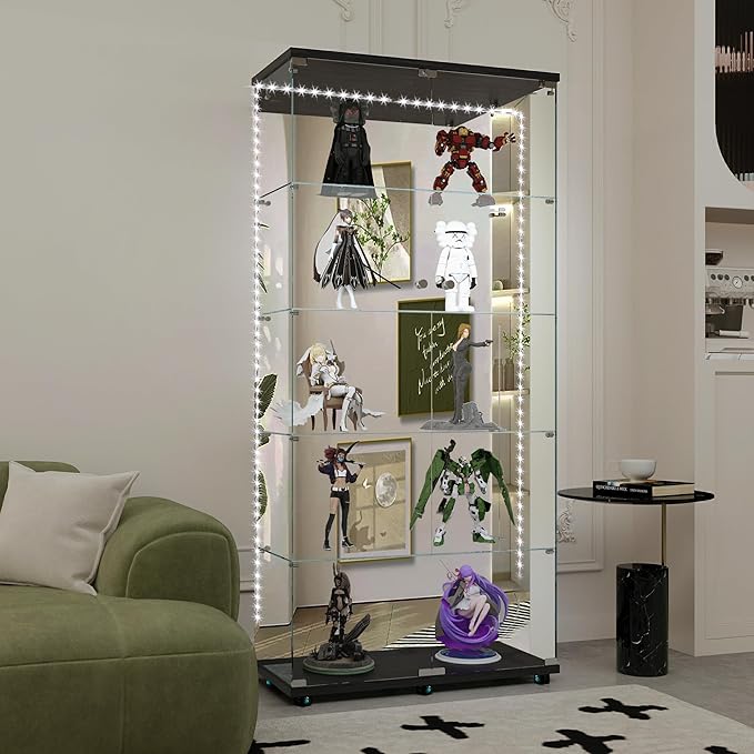 Yoluckea 5 Tiers Glass Display Cabinet with Bluetooth LED Light Strip, 2 Doors Floor Standing Curio Cabinet with Universal Wheel and Mirror Back Panel, Black Glass Bookshelf for Collections, Wood Top