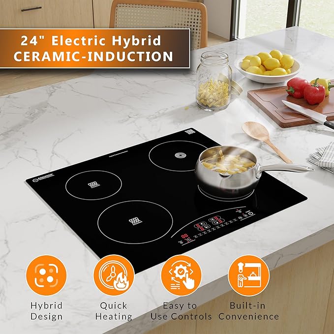 Equator 24-inch Electric Hybrid Cooktop with 2 Induction & 2 Ceramic Burners Dual Cooking Modes for Flexible, Fast, and Efficient Cooking Sleek Built-in Design