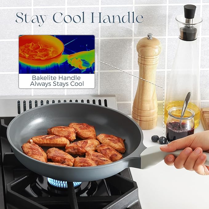 PRICUSIS Nonstick Ceramic Frying Pan Skillet, 8+12 Inch Induction Compatible with Stay Cool Handle, Healthy PTFE PFAS & PFOA Free Omelet Pan, Dishwasher Safe (Blueberry Gray)