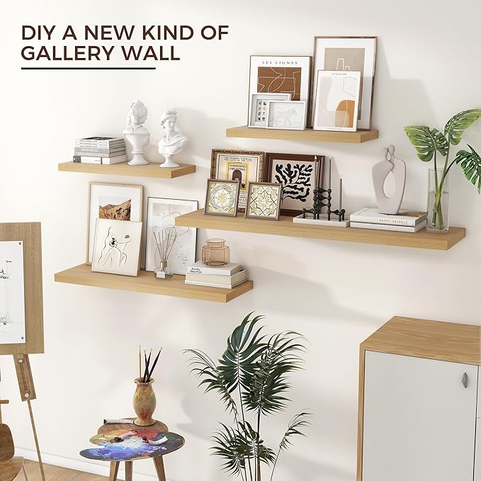 Floating Shelves for Wall 36"W x 7.8"D x 1.5"H, Engineered Wood Wall Shelves with Invisible Brackets for Living Room Bedroom Bathroom Office Kitchen Decor and Storage, Oak Finish, Set of 2