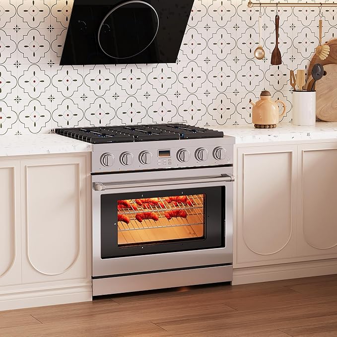 36 Inch Stainless Steel Dual Fuel Range, Freestanding Stove with 6 Sealed Gas Burners and a 6.0 Cu.Ft Self-Cleaning Electric Oven, Features True Convection for Home or Commercial Kitchens